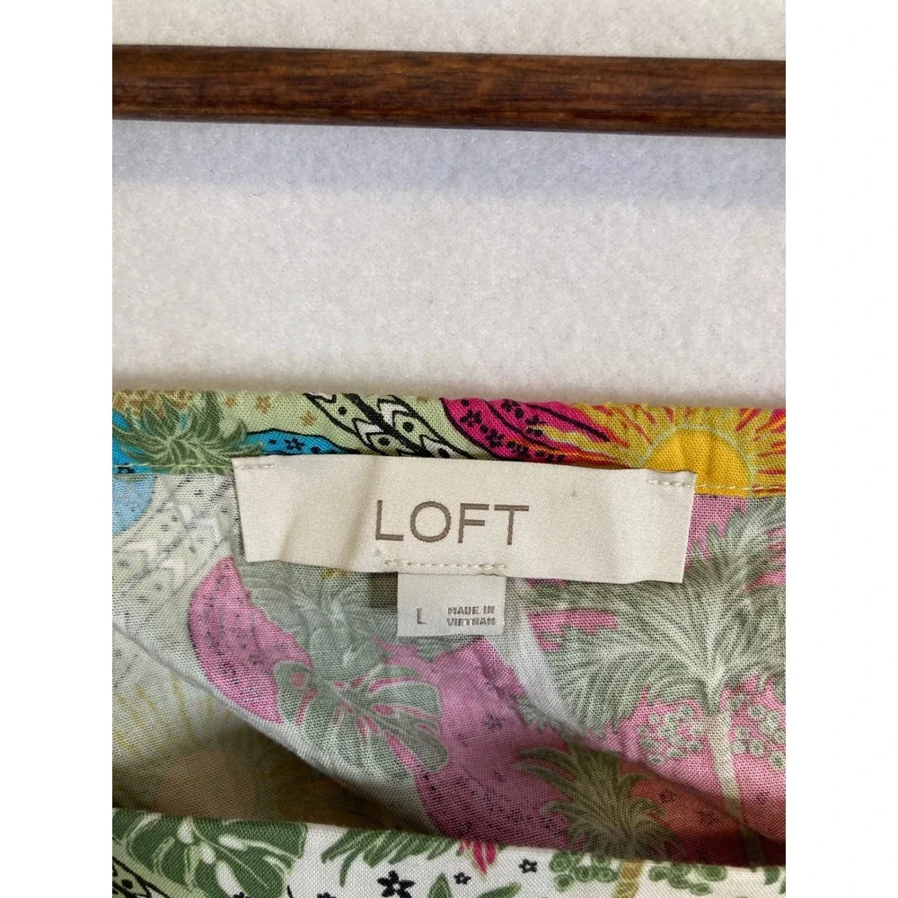 Tropical Boho LOFT Women Large Multicolor Square Neck Puff Sleeve Tile Print Top